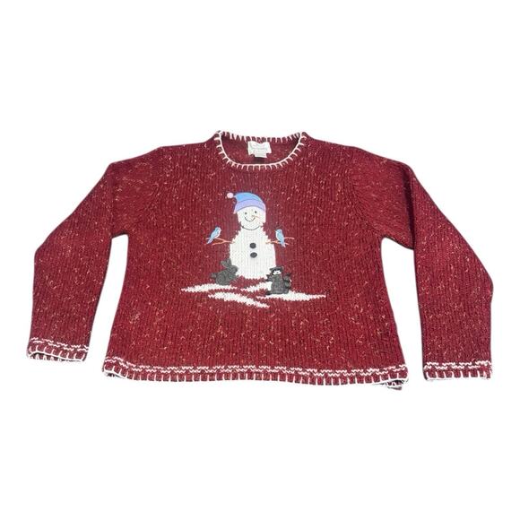 VTG Christopher Banks Med Red Hand Embroidered Christmas Snowman Nature Sweater - Picture 1 of 13
